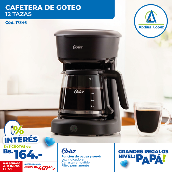 Cafetera Oster 12 Tazas Negra 900W. Con Filt