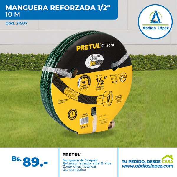 Manguera 1/2" reforzada 3 capas conexiones metal 10m